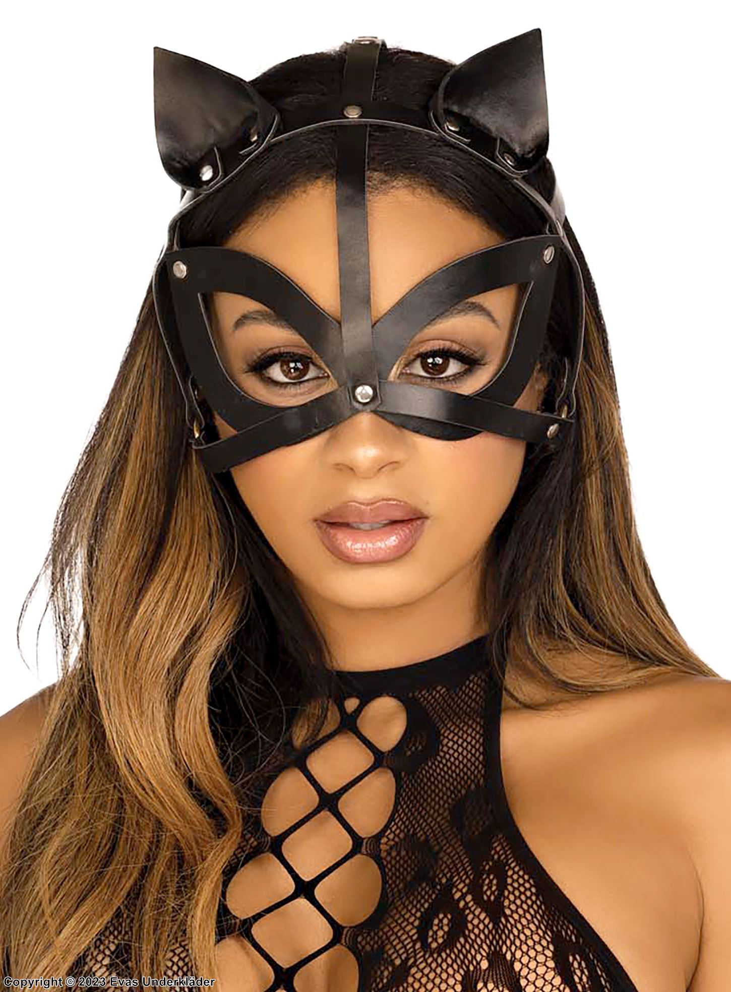 Cat (woman), costume mask, faux leather, studs, ears